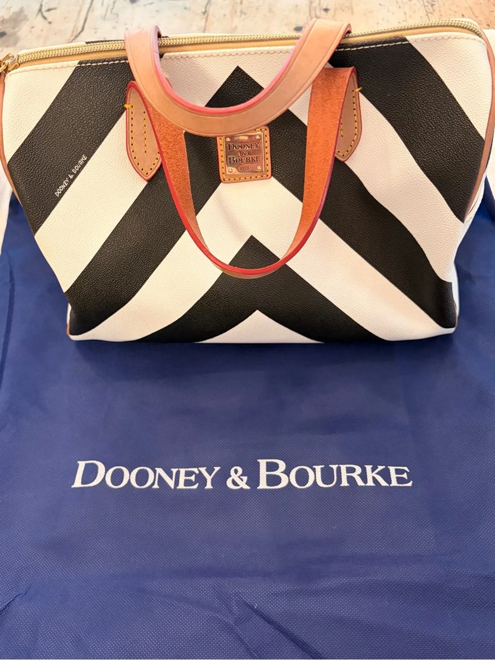 Dooney & Bourke Black and White Chevron Satchel with Red Accented Handles